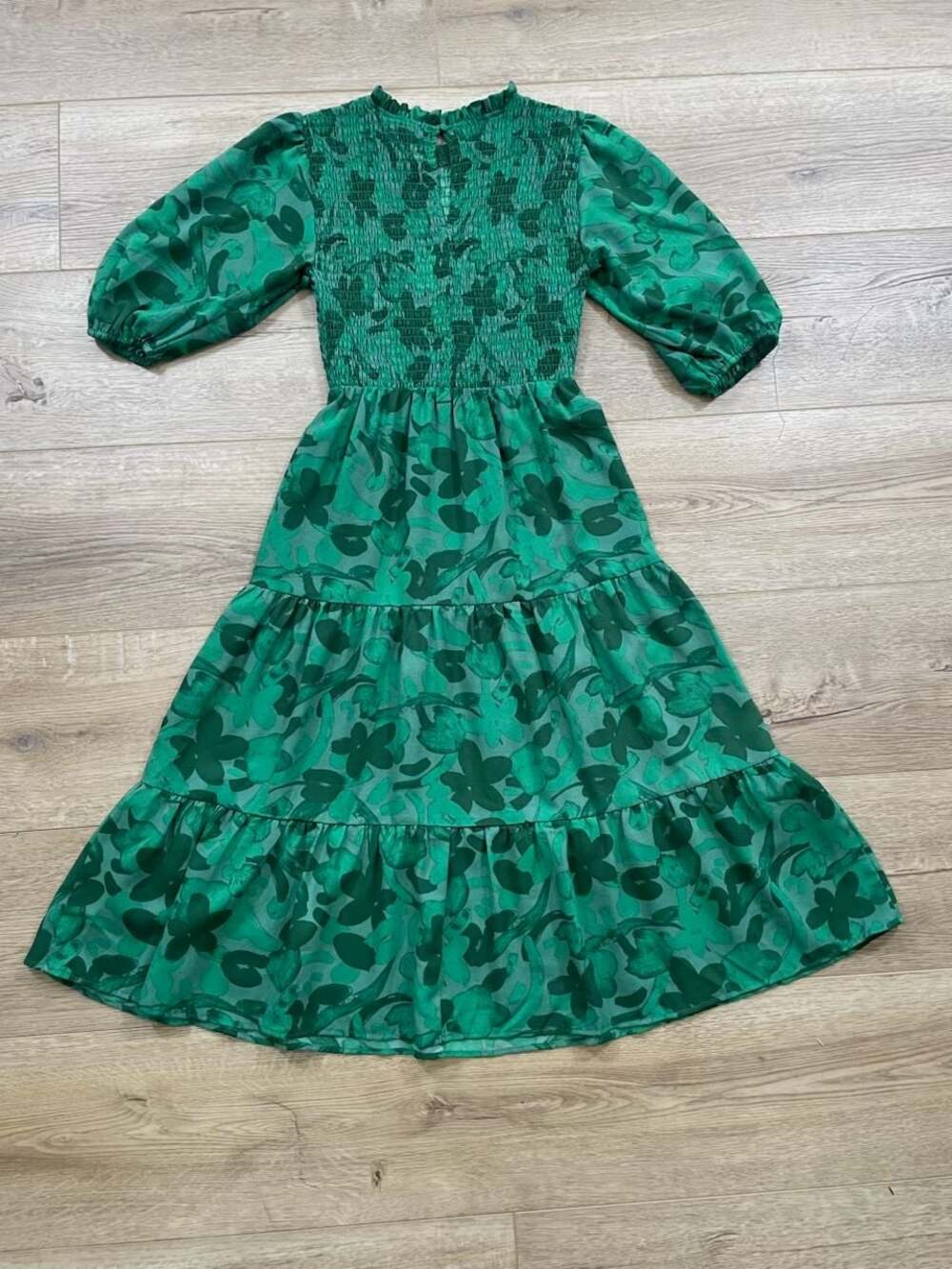 Sugarlips Emerald Green Floral Smocked Tiered Midi Dress Puff Sleeve Small - Picture 12 of 14